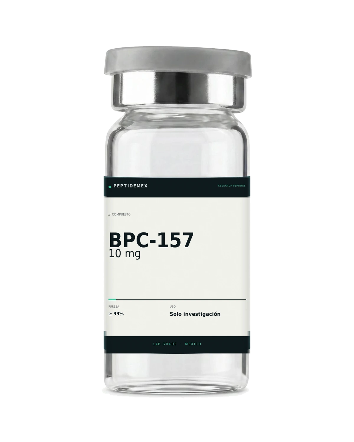 Vial de 3 mL con BPC-157 10 mg liofilizado, grado investigación, PeptideMex