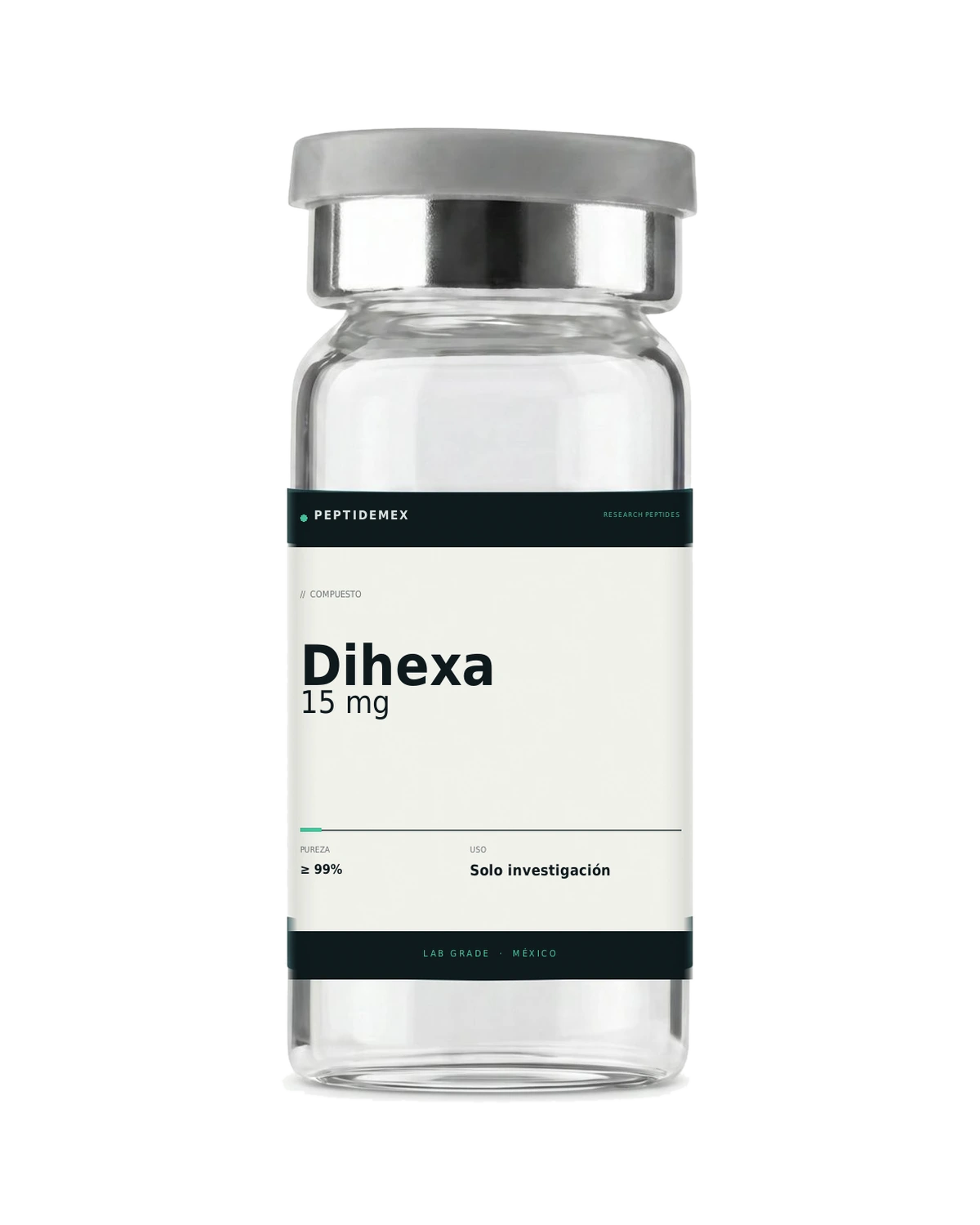 Vial de 3 mL con Dihexa 15 mg liofilizado, grado investigación, PeptideMex
