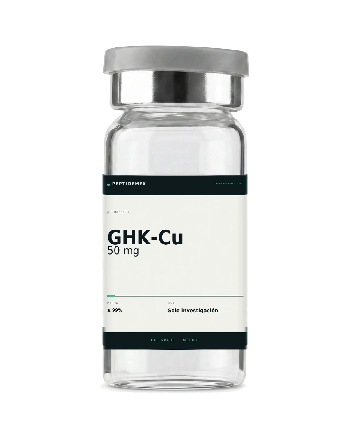 Vial de 3 mL con GHK-Cu 50 mg liofilizado, grado investigación, PeptideMex