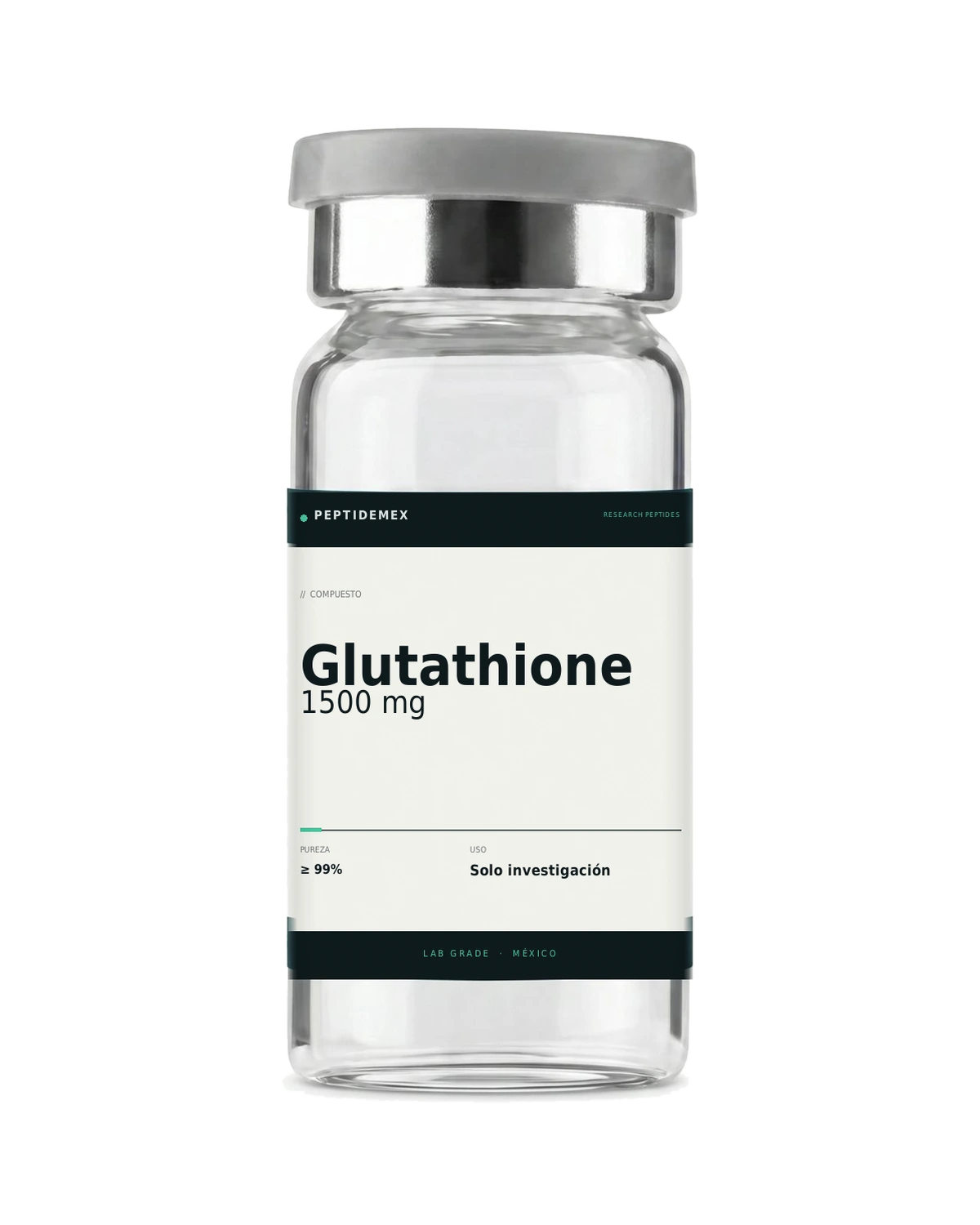 Vial de 3 mL con Glutathione 1500 mg liofilizado, grado investigación, PeptideMex