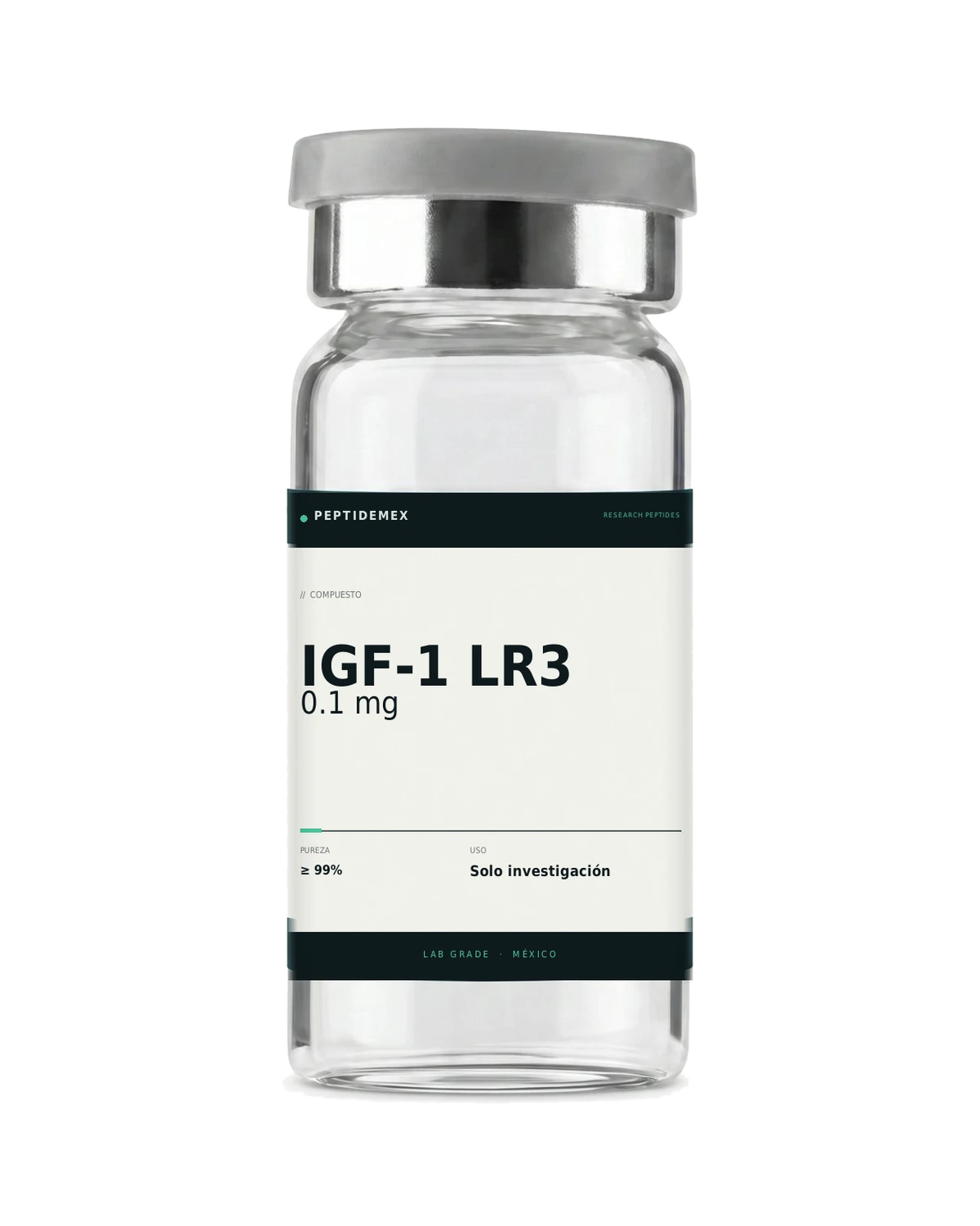 Vial de 3 mL con IGF-1 LR3 0.1 mg liofilizado, grado investigación, PeptideMex