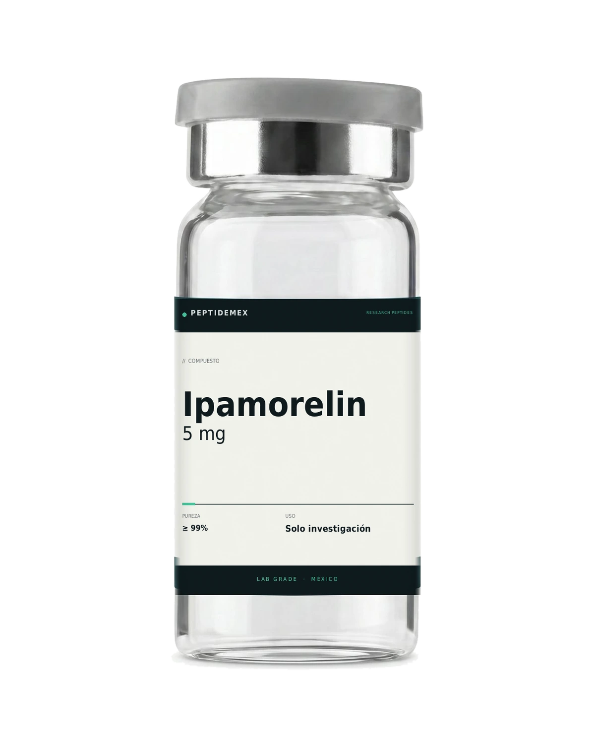 Vial de 3 mL con Ipamorelin 5 mg liofilizado, grado investigación, PeptideMex