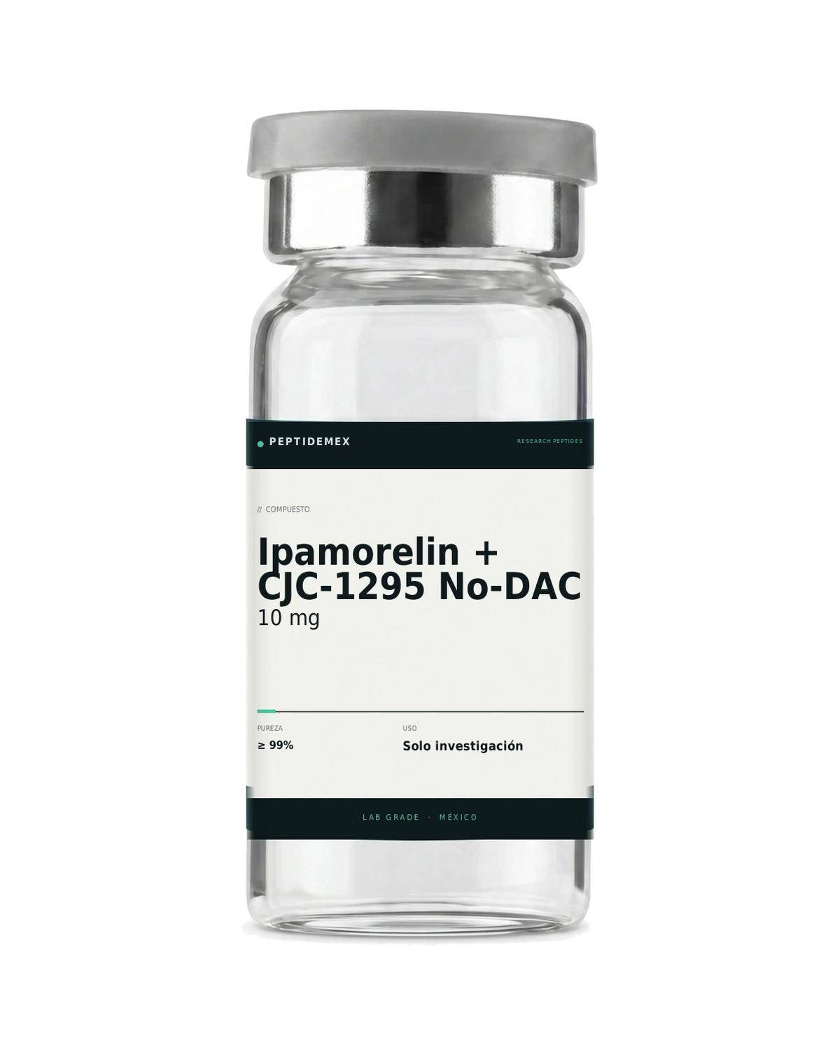 Vial de 3 mL con Ipamorelin + CJC-1295 No-DAC 10 mg liofilizado, grado investigación, PeptideMex