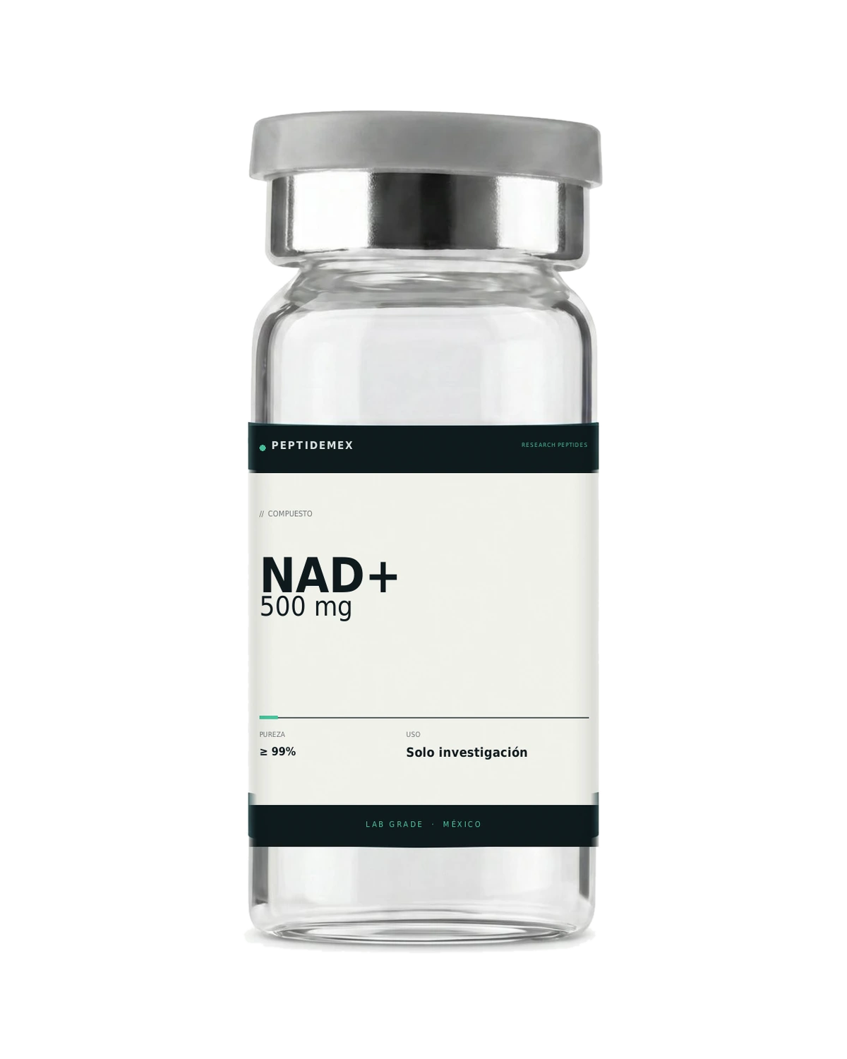Vial de 3 mL con NAD+ 500 mg liofilizado, grado investigación, PeptideMex