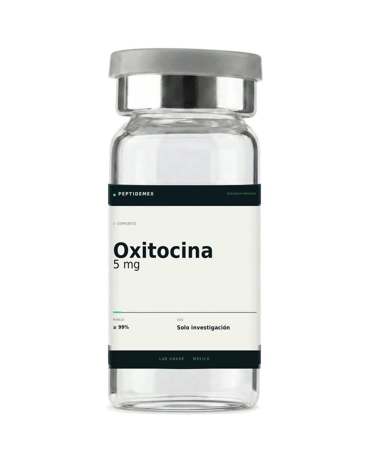 Vial de 3 mL con Oxitocina 5 mg liofilizado, grado investigación, PeptideMex