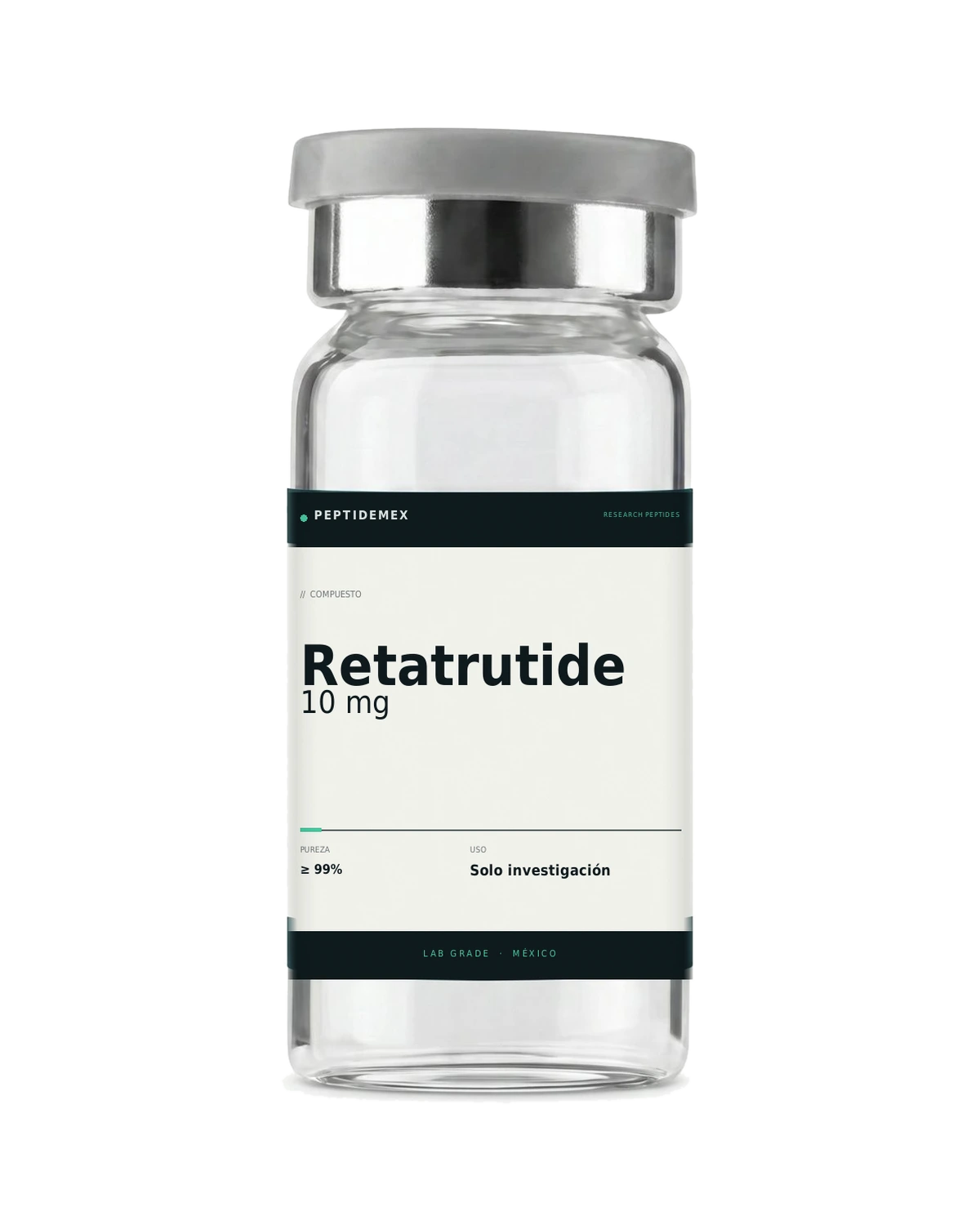 Vial de 3 mL con Retatrutide 10 mg liofilizado, grado investigación, PeptideMex