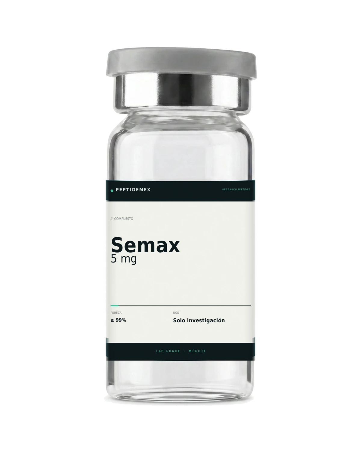 Vial de 3 mL con Semax 5 mg liofilizado, grado investigación, PeptideMex