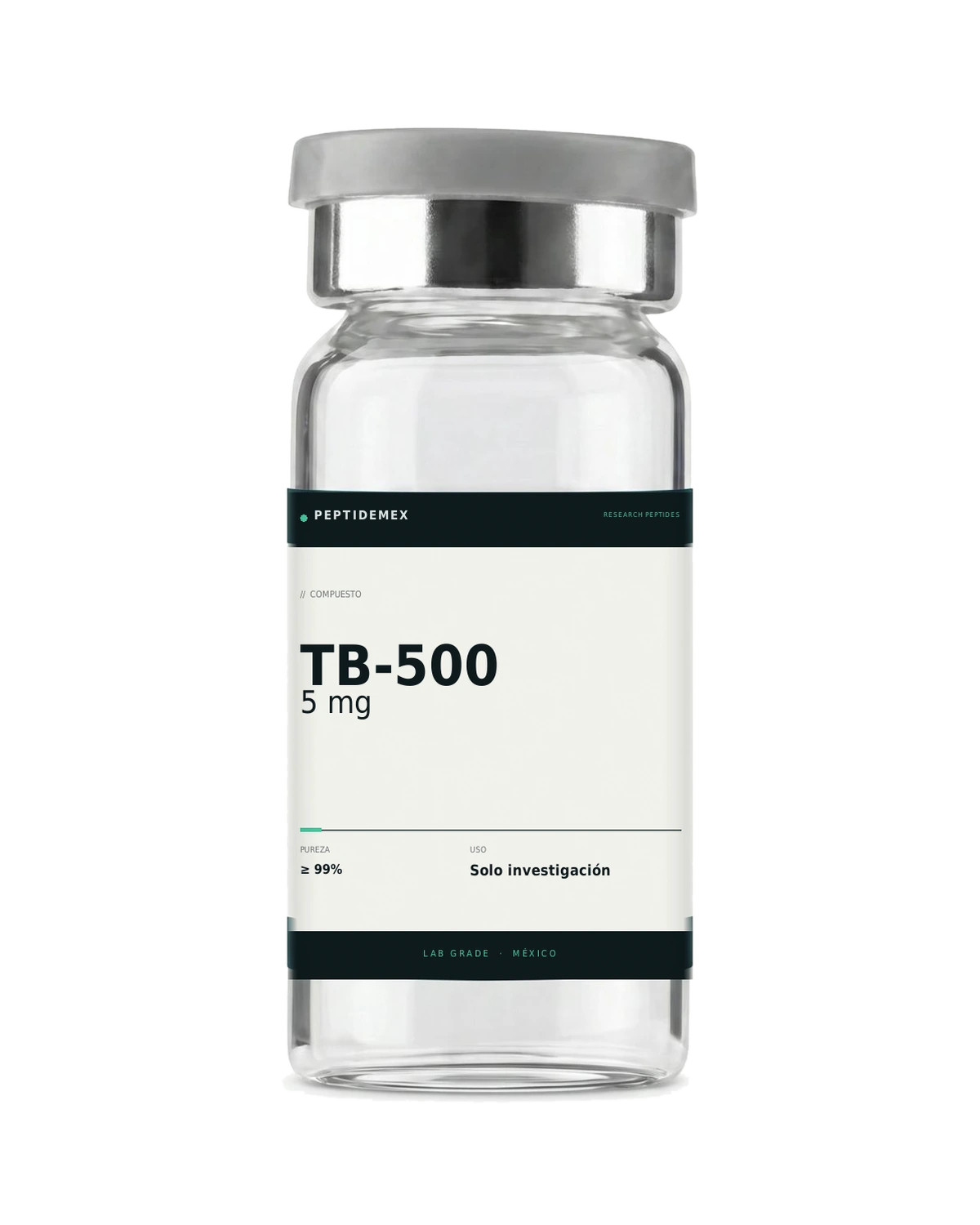 Vial de 3 mL con TB-500 5 mg liofilizado, grado investigación, PeptideMex