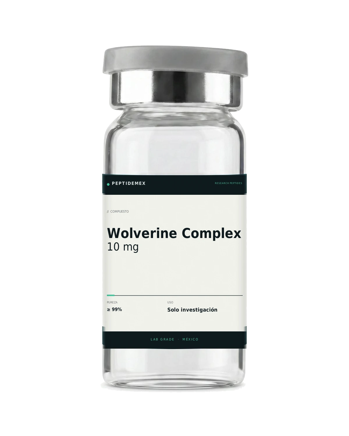Vial de 3 mL con Wolverine Complex 10 mg liofilizado, grado investigación, PeptideMex